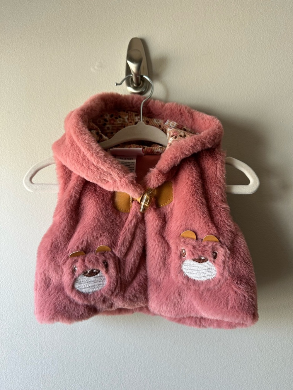 Little Lass Baby Girl Pink Plush Hooded Baby Vest Bear Pockets Size 0-3M Cute
